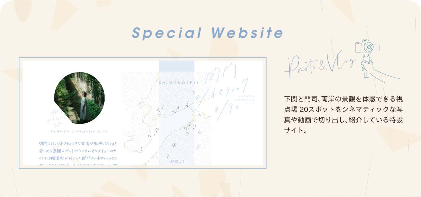 Special Website 下関と門司、両岸の景観を体感できる視点場 20スポットをシネマティックな写真や動画で切り出し、紹介している特設サイト。 